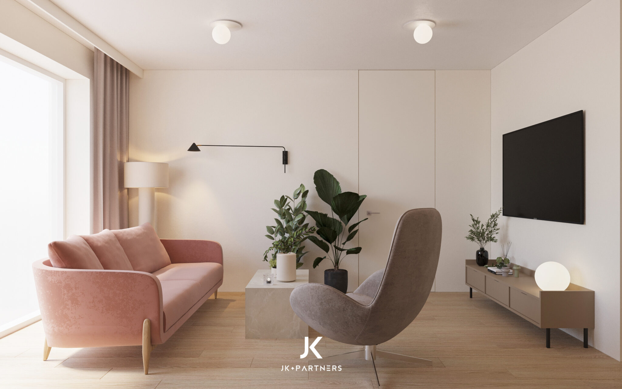Salon w mieszkaniu 74 m² na Warszewie w Szczecinie — wnętrze w stylu skandynawskim