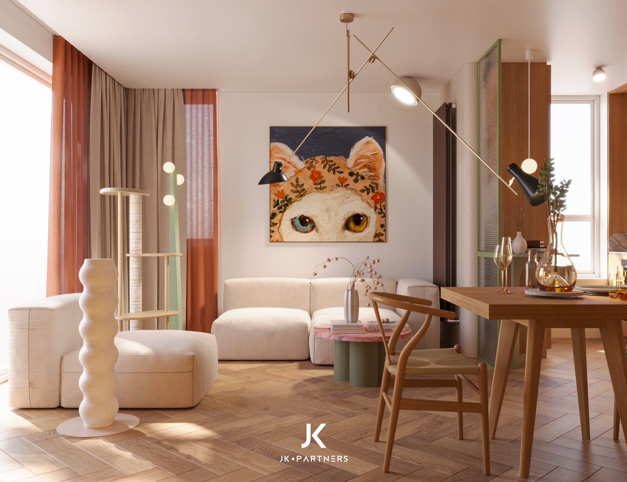 Jasny salon z jadalnią i drewnianą podłogą mieszkanie z kotem – projekt mieszkania JK+Partners