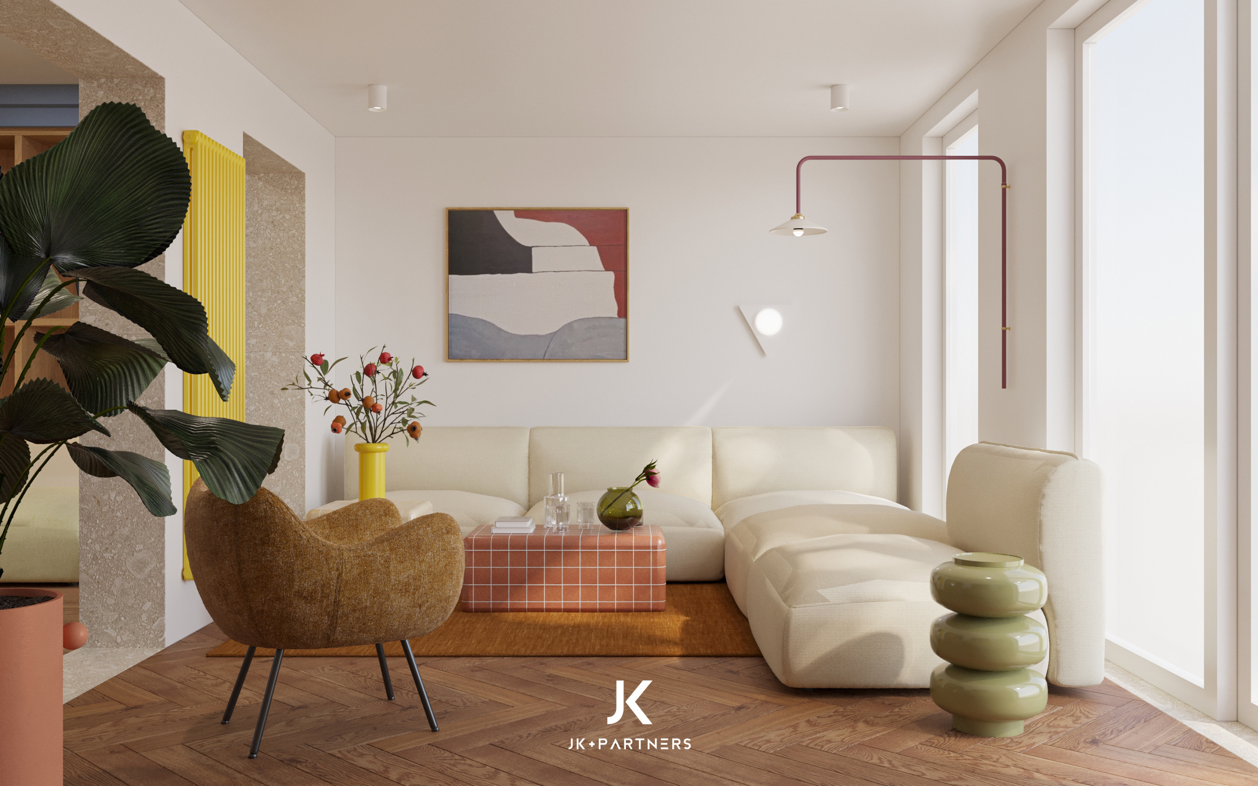 Przytulny salon w stylu modern retro – projektowanie wnętrz Warszawa