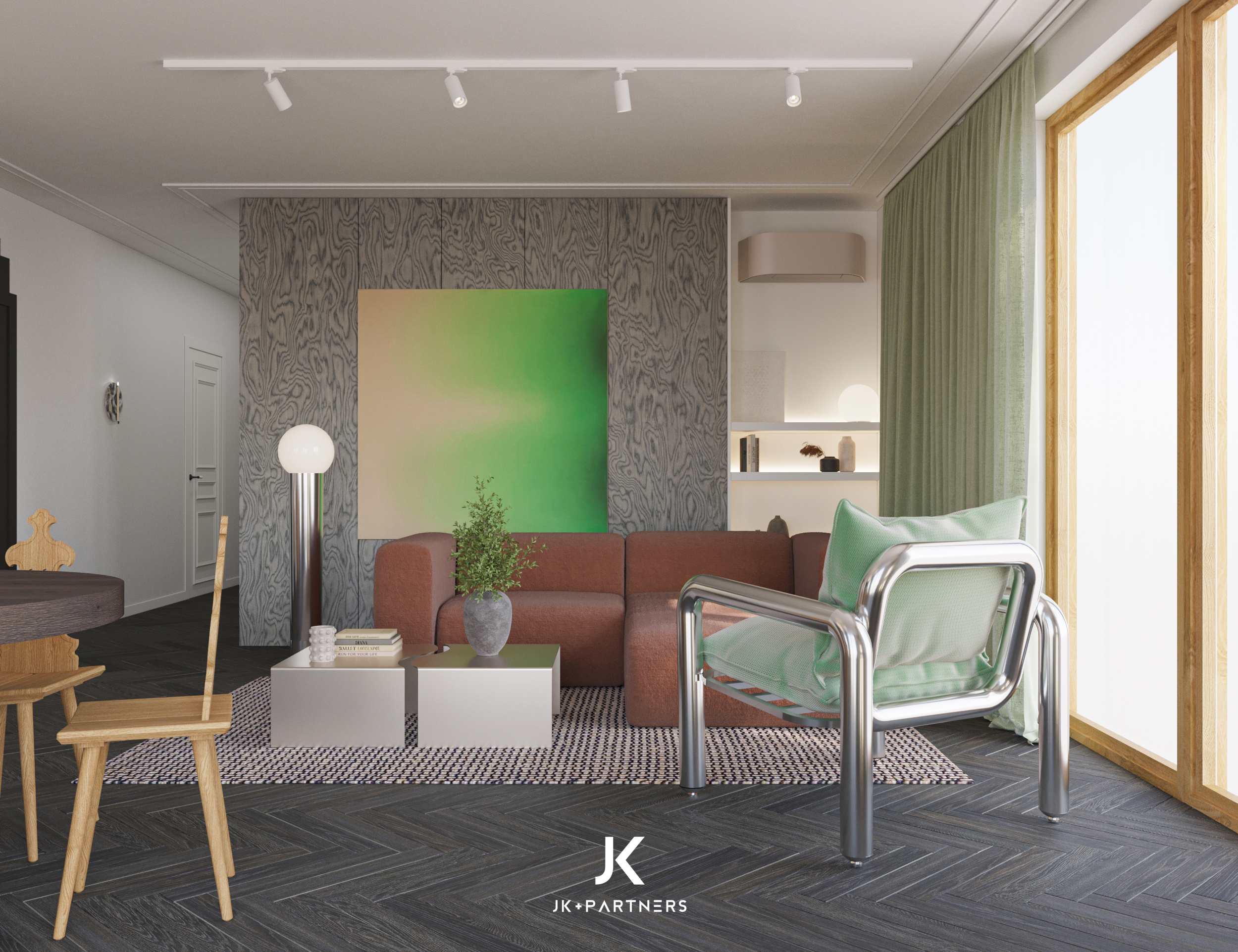 Salon z brązową sofą i zielonym akcentem – projekt wnętrza z charakterem